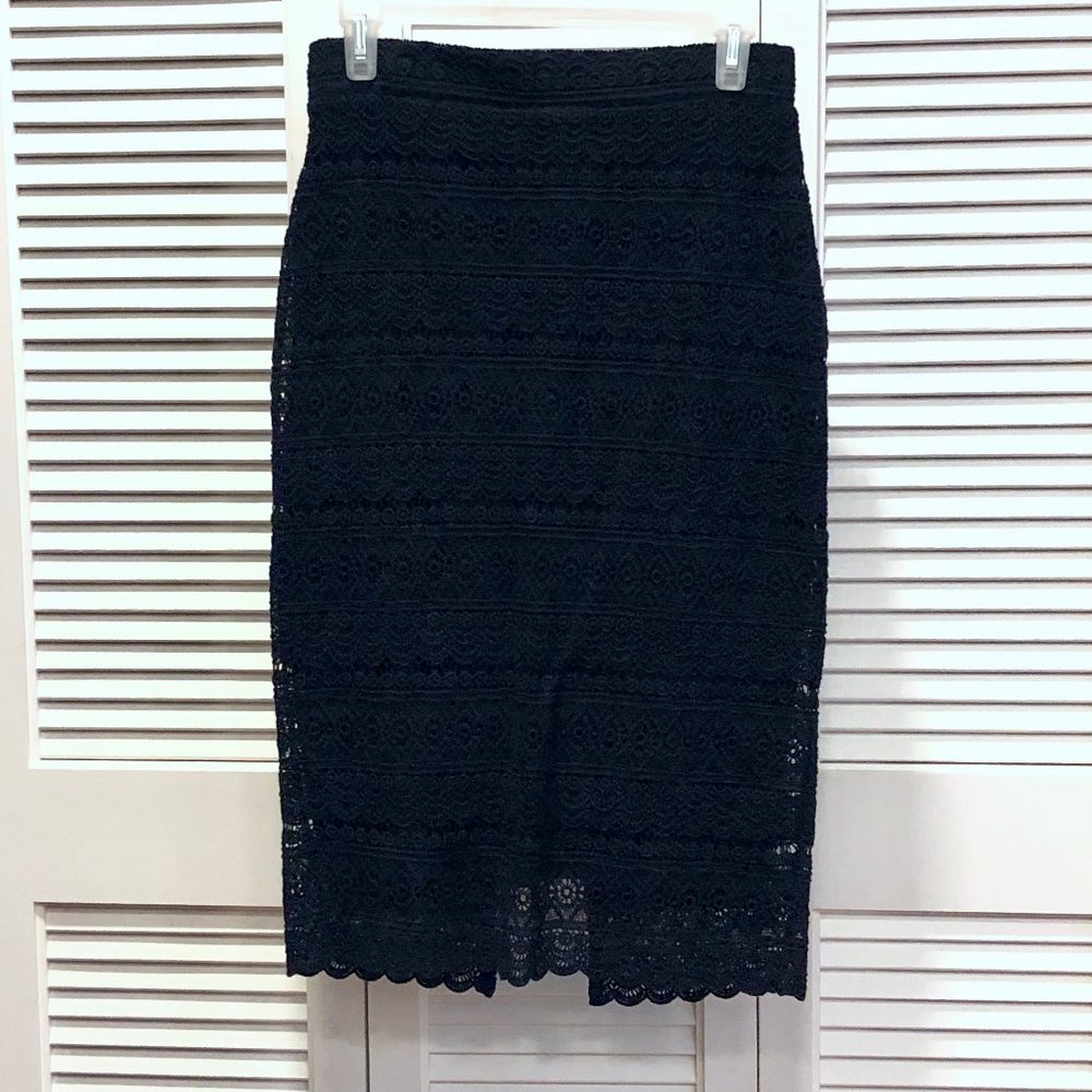 Zara Black Cotton Lace Midi Pencil Skirt